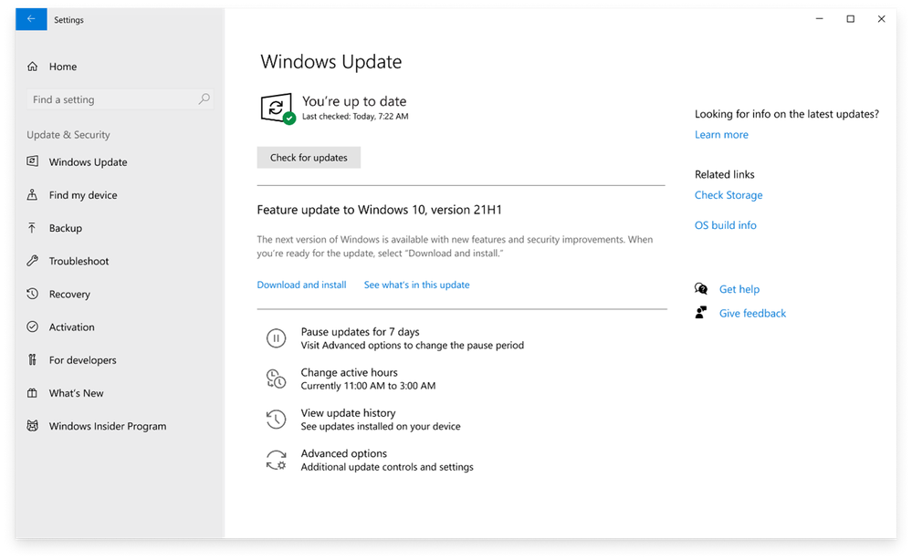 The Windows Update settings page showing that Windows 10, version 21H1 is available
