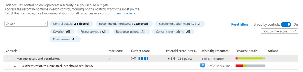 ASC Linux SSH Recommendation - Screenshot of the recommendation in the Azure Security Center blade in the Azure Portal. You can find the recommendation by searching for