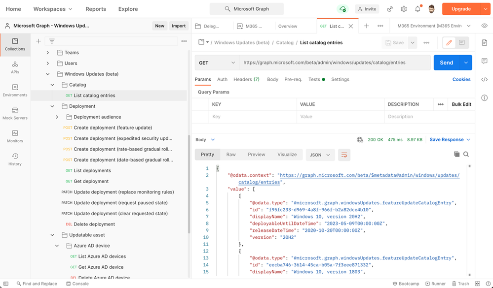 Screenshot of interactions with the Windows Update for Business deployment service via Postman