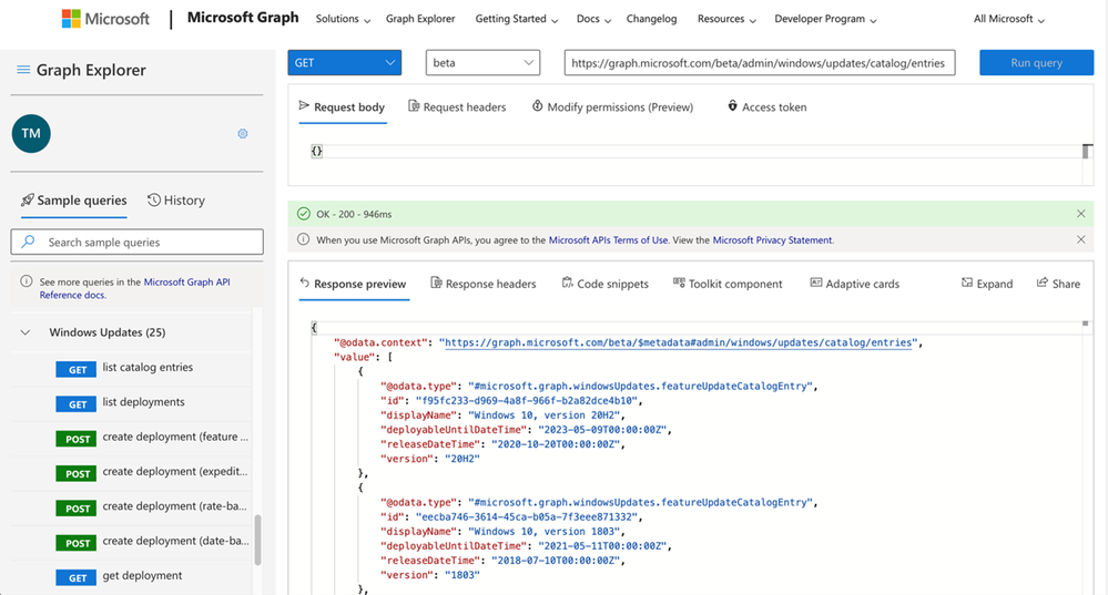 Screenshot of interactions with the Windows Update for Business deployment service via Microsoft Graph Explorer