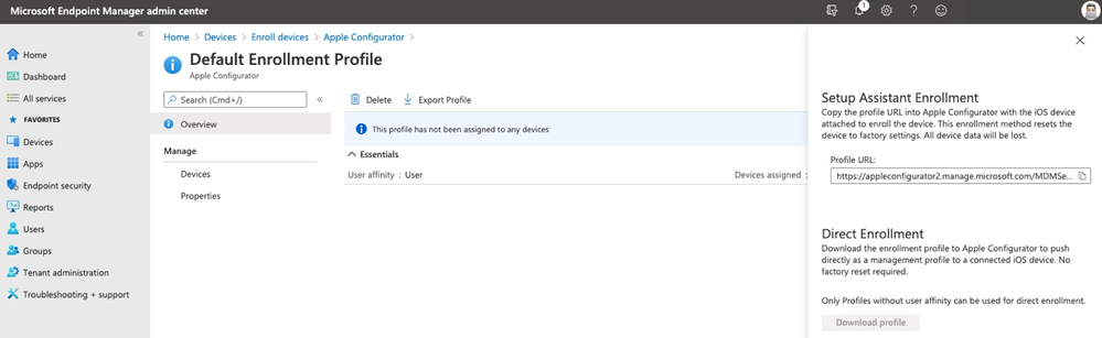 Screenshot of the Apple Configurator - Default Enrollment Profile in the Microsoft Intune admin center.