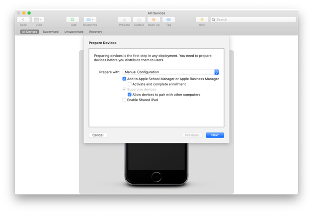 Apple Configurator 2 - Prepare Devices" menu.