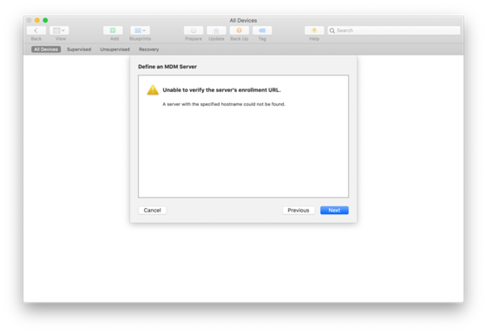 Apple Configurator 2 - "Define an MDM Server" menu with the warning text: “Unable to verify the enrollment URL”.