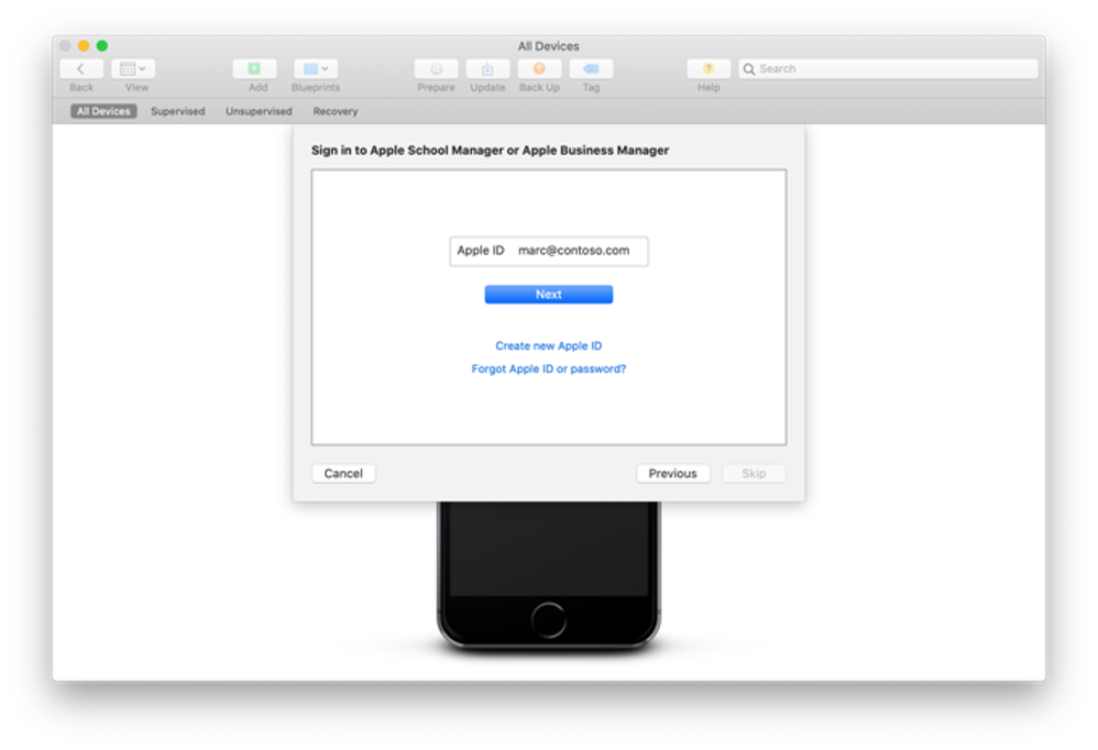 Apple Configurator 2 - Sign in to Apple School Manager or Apple Business Manager menu.