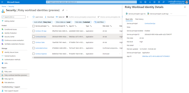 [Risky workload identity report in Azure AD portal]