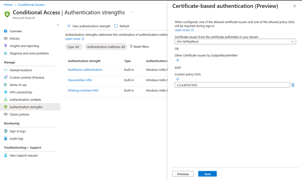 Figure 1: Authentication strength - advanced CBA options