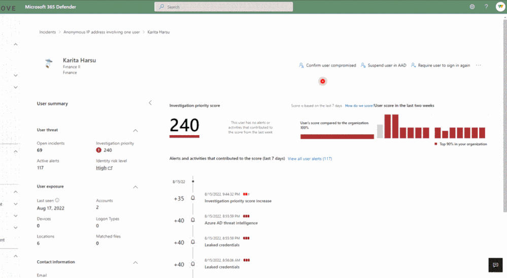 GIF of viewing a risky user in Microsoft 365 Defender with risk level generated by AAD Identity Protection and confirming that the user is compromised.