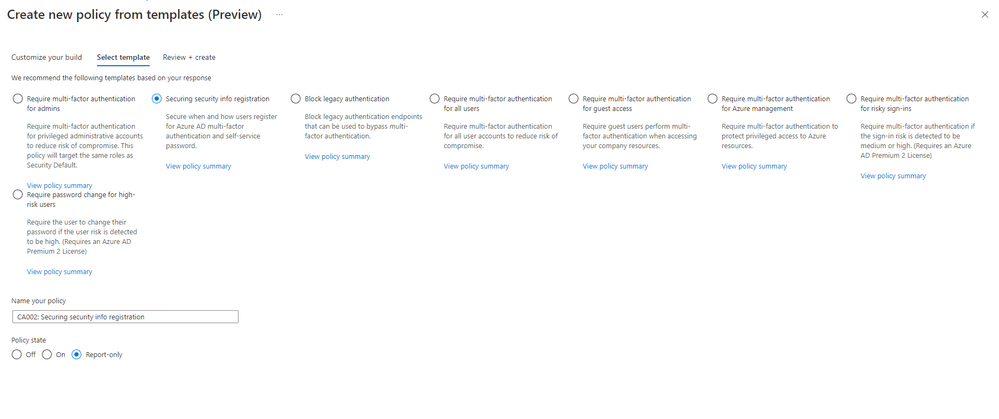 Figure 1. Admin experience for Conditional Access templates