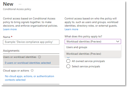 Figure 3: Admin experience for Conditional Access for workload identities