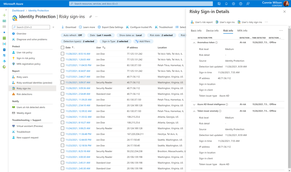 Figure 2: Admin experience for anomalous token and token issuer anomaly detections