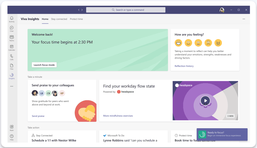 Introducing a new focus mode in the Viva Insights app in Teams featuring Headspace music and timers.gif