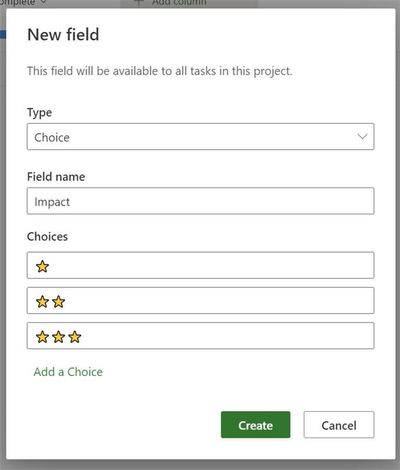 An image of the New Field dialog with the Impact example shown.