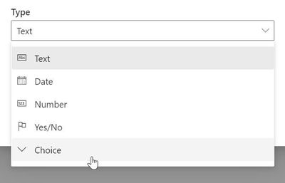 An image of the New Field dialog. The menu of different field types is open, and the Choice menu item is selected