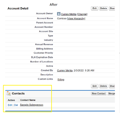 Notice how invoking a Logic App that edits Salesforce—tied to access package assignment—added a salesperson as a contact for a customer account.