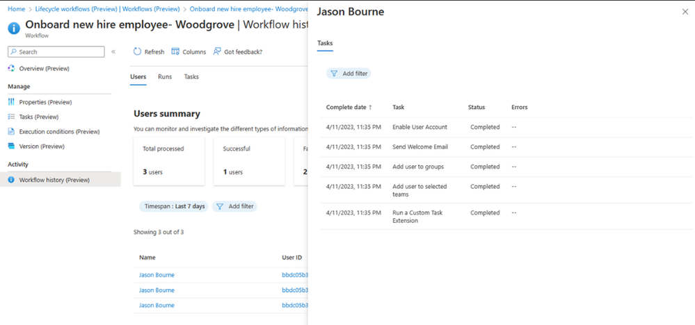 Workflow History to review status of a workflow across any user for troubleshooting and compliance standards.