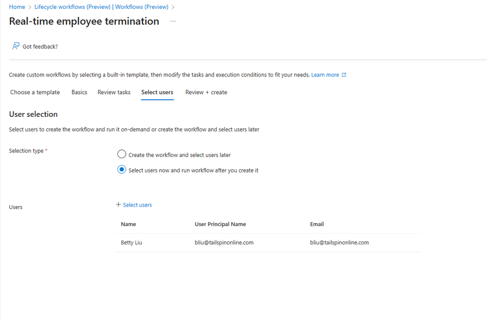 Select multiple users, if needed, in Real-time employee termination workflows.