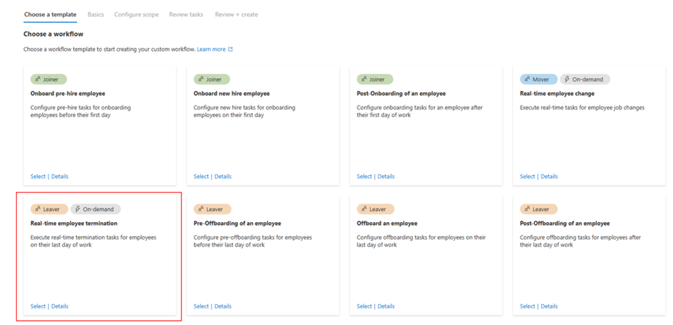 Lifecycle Workflows includes multiple Leaver scenario templates such as Real-time employee termination.