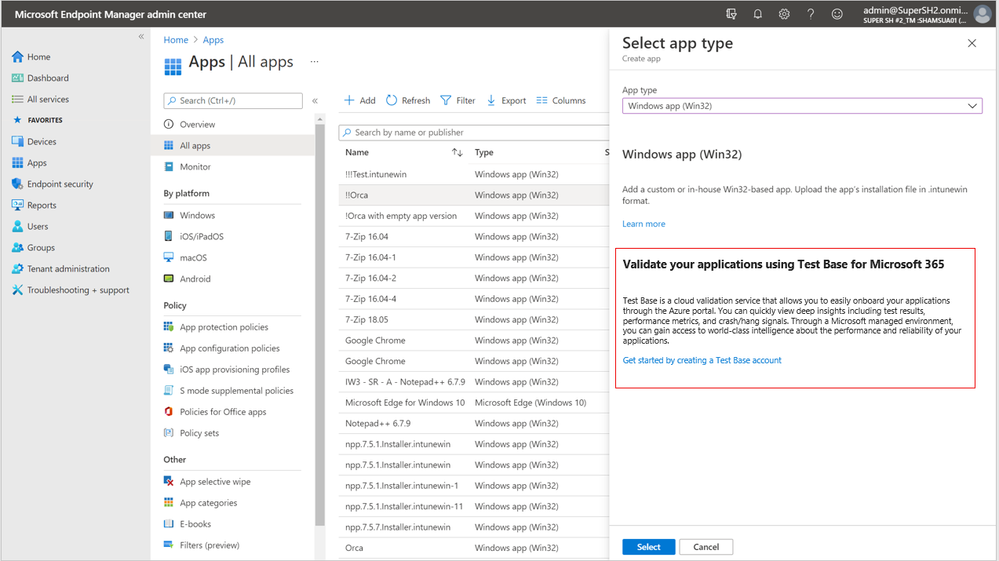 Interface of the Microsoft Endpoint Manager admin center with Win 32 apps selected as app type for validation