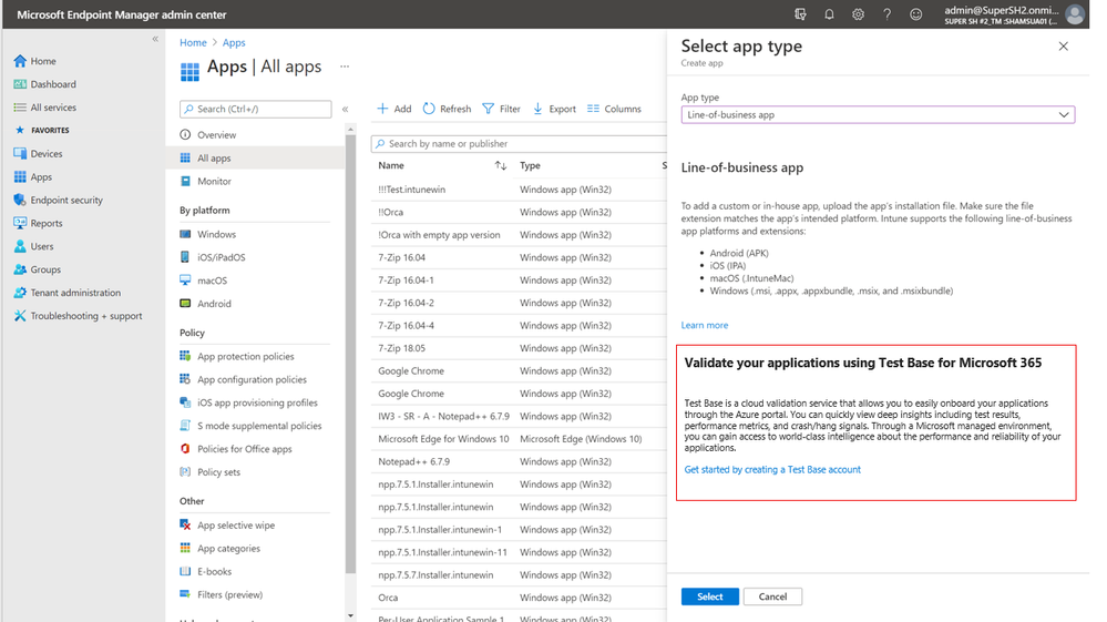 Interface of the Microsoft Endpoint Manager admin center with Line-of-Business apps selected as app type for validation