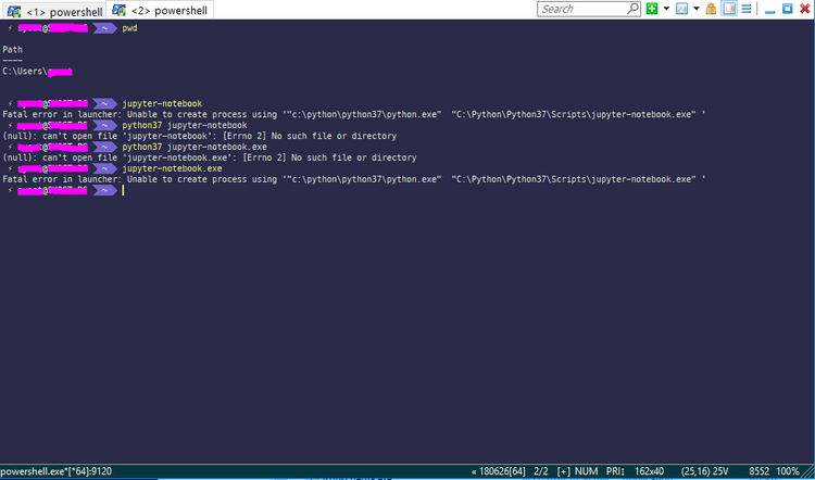 Unable to invoke jupyter notebook in powershell (Unable to create ...