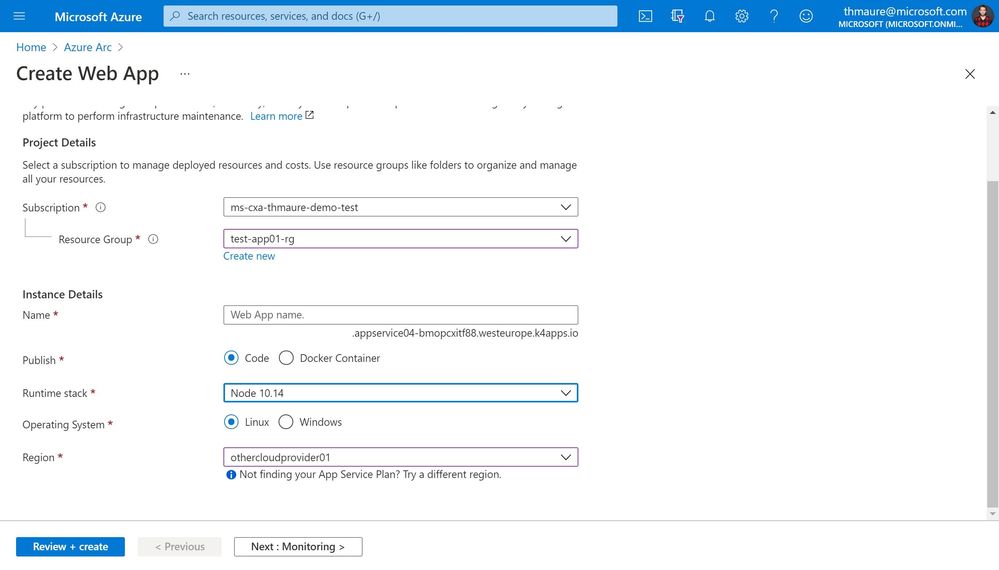 Create App Service and select a custom location.jpg