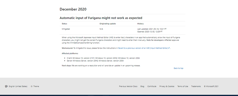 Screenshoot showing that you can see your default or selected language at the bottom of any page in the Windows release health experience.