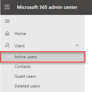 Screenshot of where the Active users menu option appears under the Users menu in the Microsoft 365 admin center