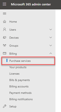 Screenshot showing where Purchase services appears in the Microsoft 365 admin center navigation menu