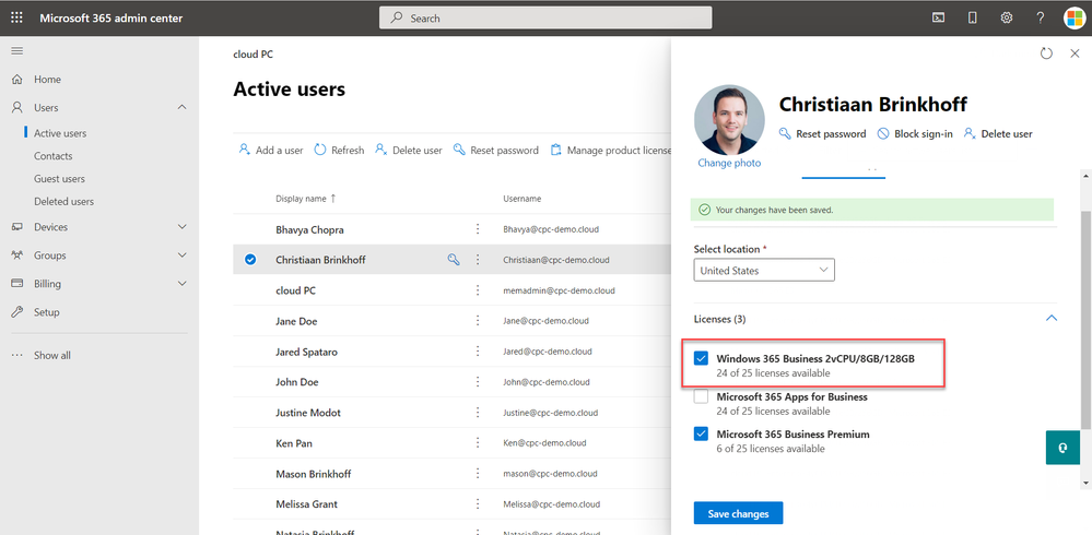 Screenshot showing how licenses are assigned to an individual user in the Microsoft 365 admin center