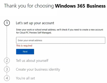 Screenshot of the interface for setting up a Windows 365 Business account