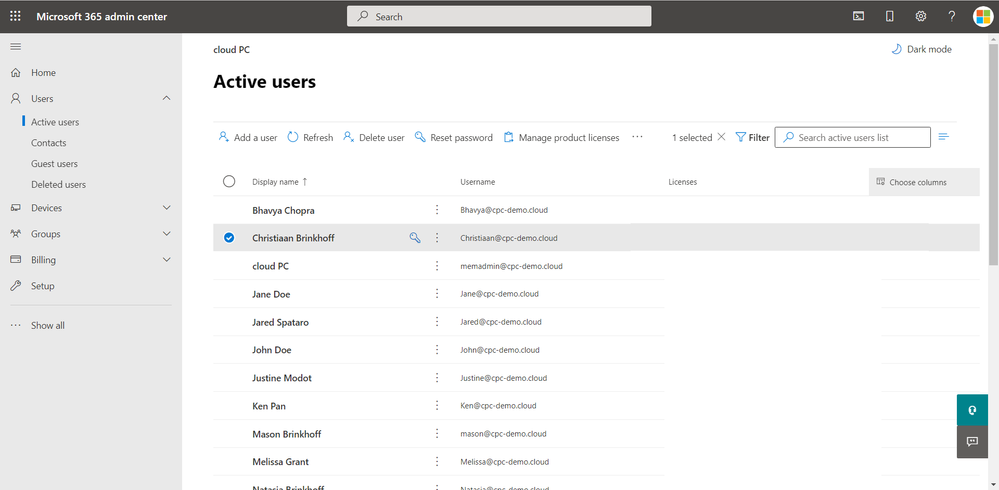 Screenshot of the Active users page in the Microsoft 365 admin center showing one user selected