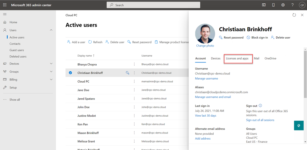 Screenshot of the details pane that appears once a user is selected in the Active users page in the Microsoft 365 admin center. The Licenses and apps tab is selected.