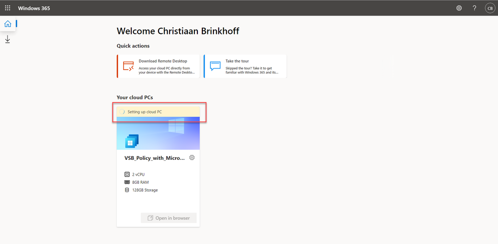 Screenshot of the Windows 365 web portal welcome screen experience for the end user showing that Setting up cloud PC is in progress