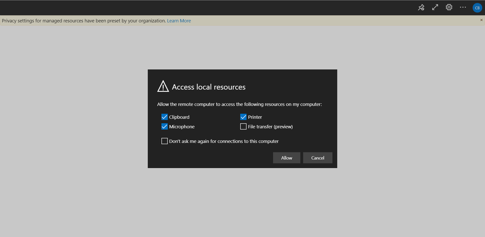Screenshot showing the pop-up where the end user can allow the remote the computer to access the local clipboard, microphone, printer, and file transfer
