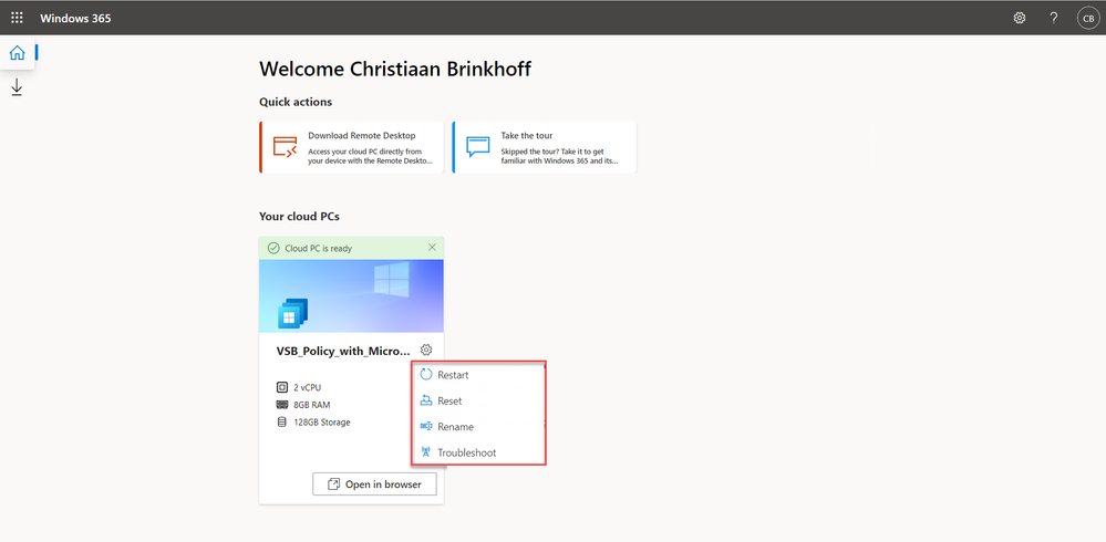 Screenshot showing the restart, reset, rename, and troubleshoot options available from the end user welcome screen on the Windows 365 web portal