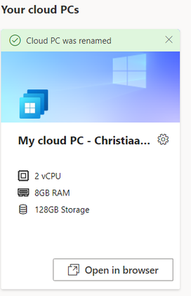 Screenshot of the Windows 365 web portal showing that the Cloud PC was renamed and that there is a button for Open in browser