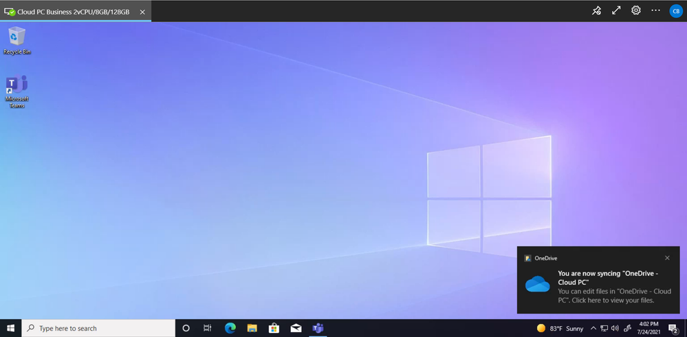 Screenshot of the Cloud PC desktop. A notification in the bottom right corner notifies the user that You are now syncing OneDrive - Cloud PC