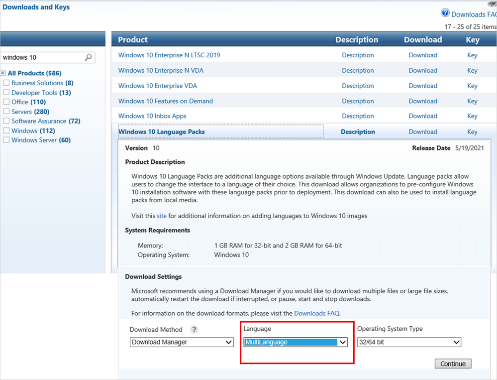Screenshot of the Volume Licensing Service Center showing how to download multiple language packs at one time by selecting MultiLanguage