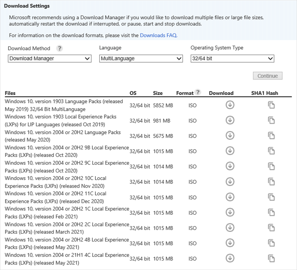Screenshot of how the Volume Licensing Service Center displays download options