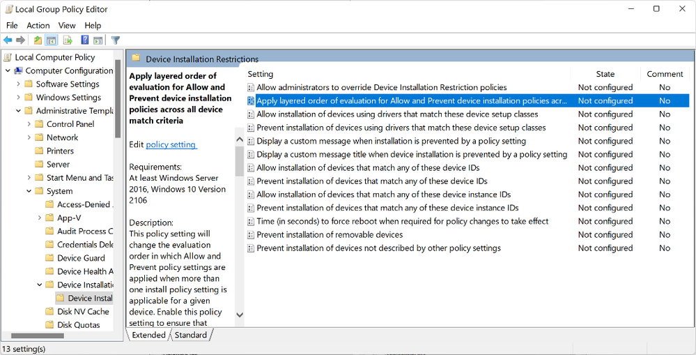 Screenshot of the Local Group Policy Editor in Windows showing where the new policy to apply a layered order is located