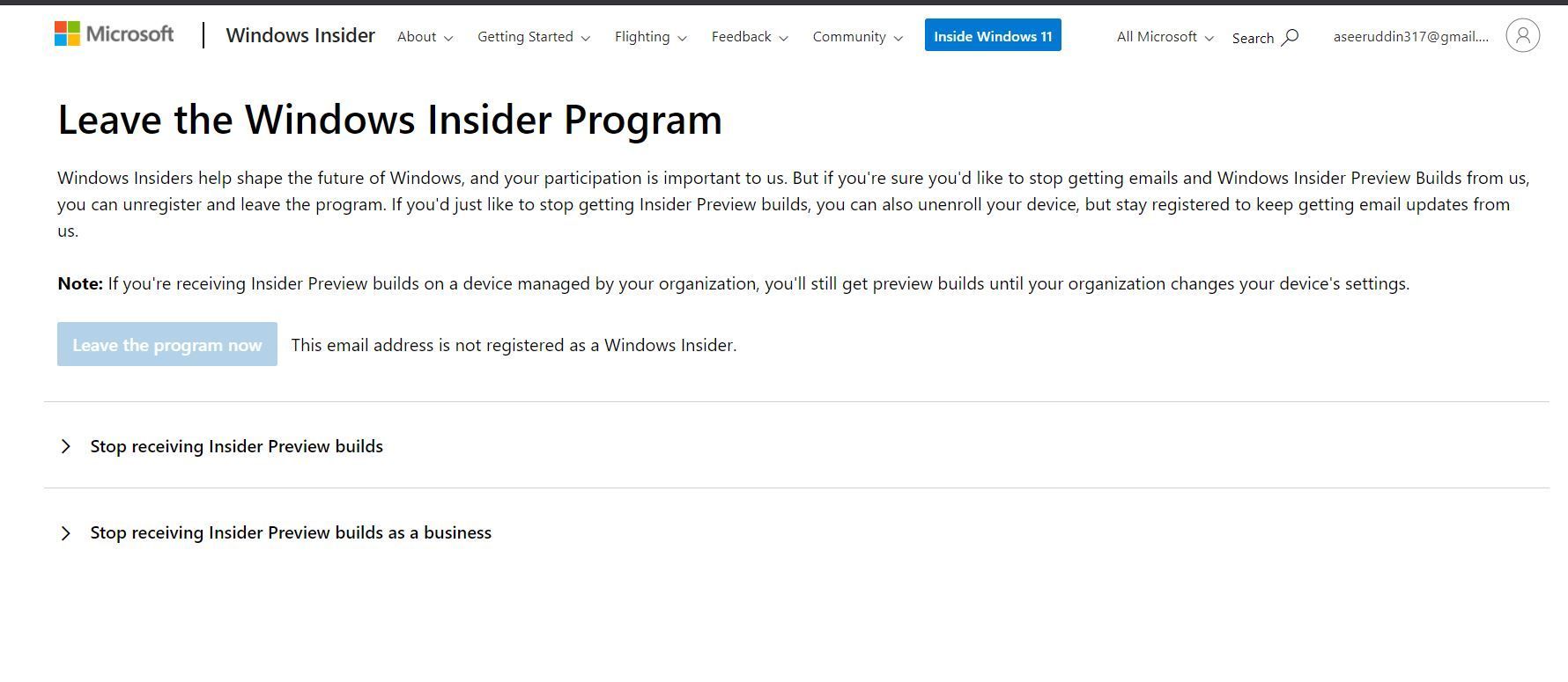 I am not able to leave the windows insider program and go back to ...