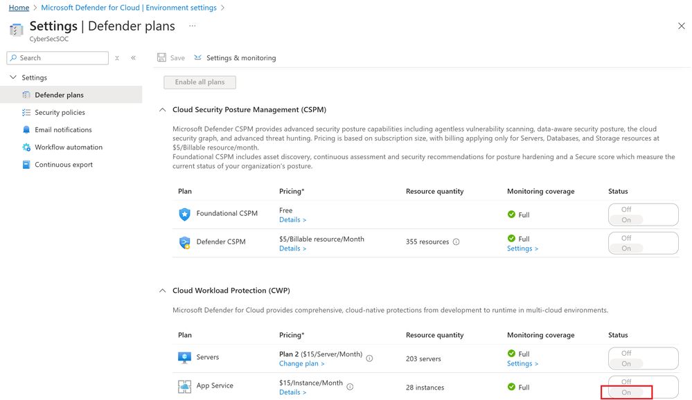 Figure 1: Enabling Microsoft Defender for App Service