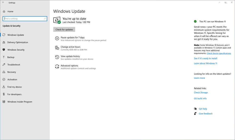 Screenshot of a Windows Update interface with the message 'you're up to date'