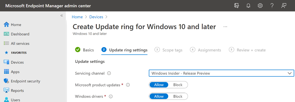 screenshot of Microsoft Endpoint Manager admin center with the Servicing channel set to Windows Insider - Release Preview