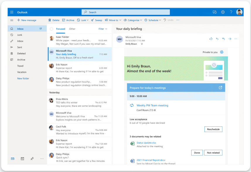 Briefing email surfaces important reminders from Cortana along with new personalized insights to improve your wellbeing.gif