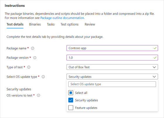 Screenshot of the Test Base for Microsoft 365 portal showing where and how to select the OS update type