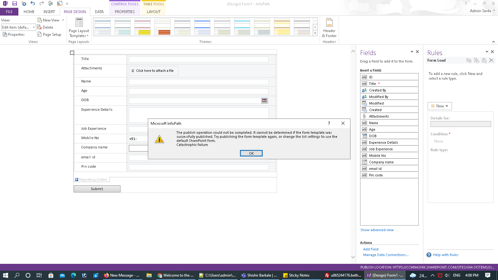 not able to publish sharepoint list from infopath | Microsoft Community Hub