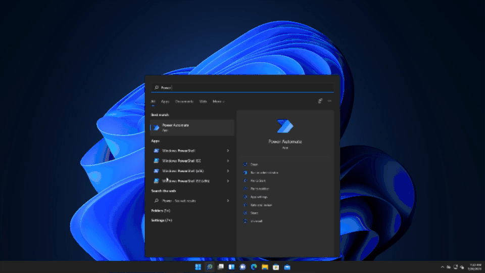 Demonstration of launching Power Automate from the Start menu and starting to build a flow