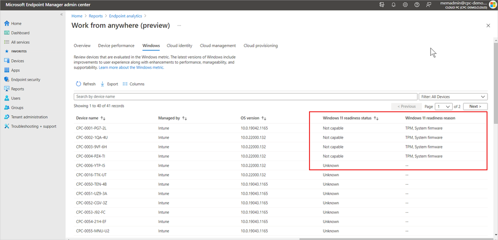 Screenshot of Windows 11 readiness assessment for Windows 365 Cloud PCs in Endpoint analytics