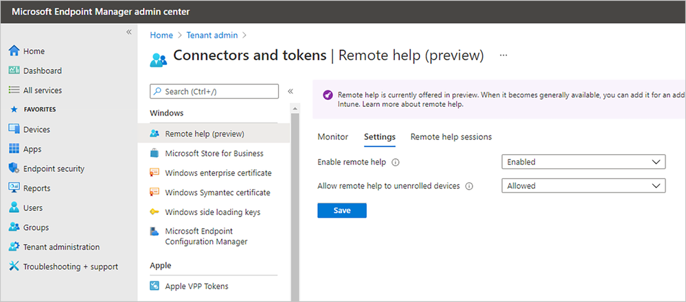 Screenshot of where to enable remote help in the Endpoint Manager admin center